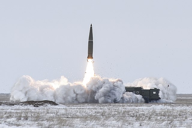Iskander missile launching from a snowy field