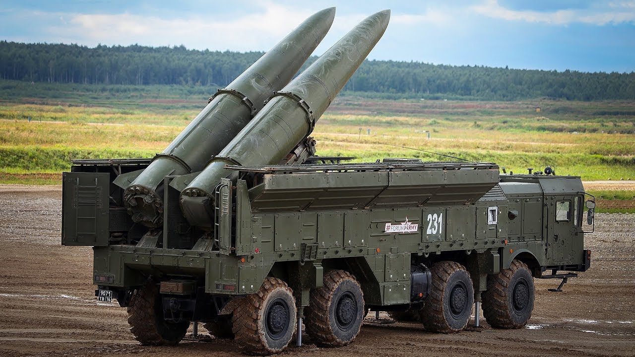Iskander launcher with two missiles raised