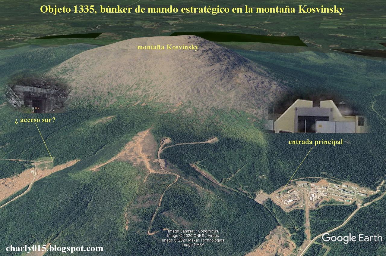 Google Earth 3D view of the Kosvinsky Kamen dome with third-party Spanish-language labels from the charly015 blog, not confirmed
