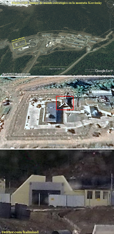 Three-panel composite from the charly015 blog: satellite view of the base, a fenced pad with a red marker, and a portal-style building, labels unverified