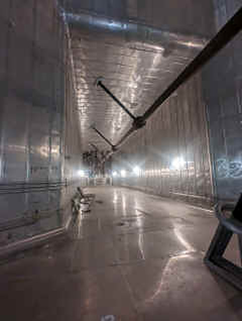 Long metal-lined corridor
